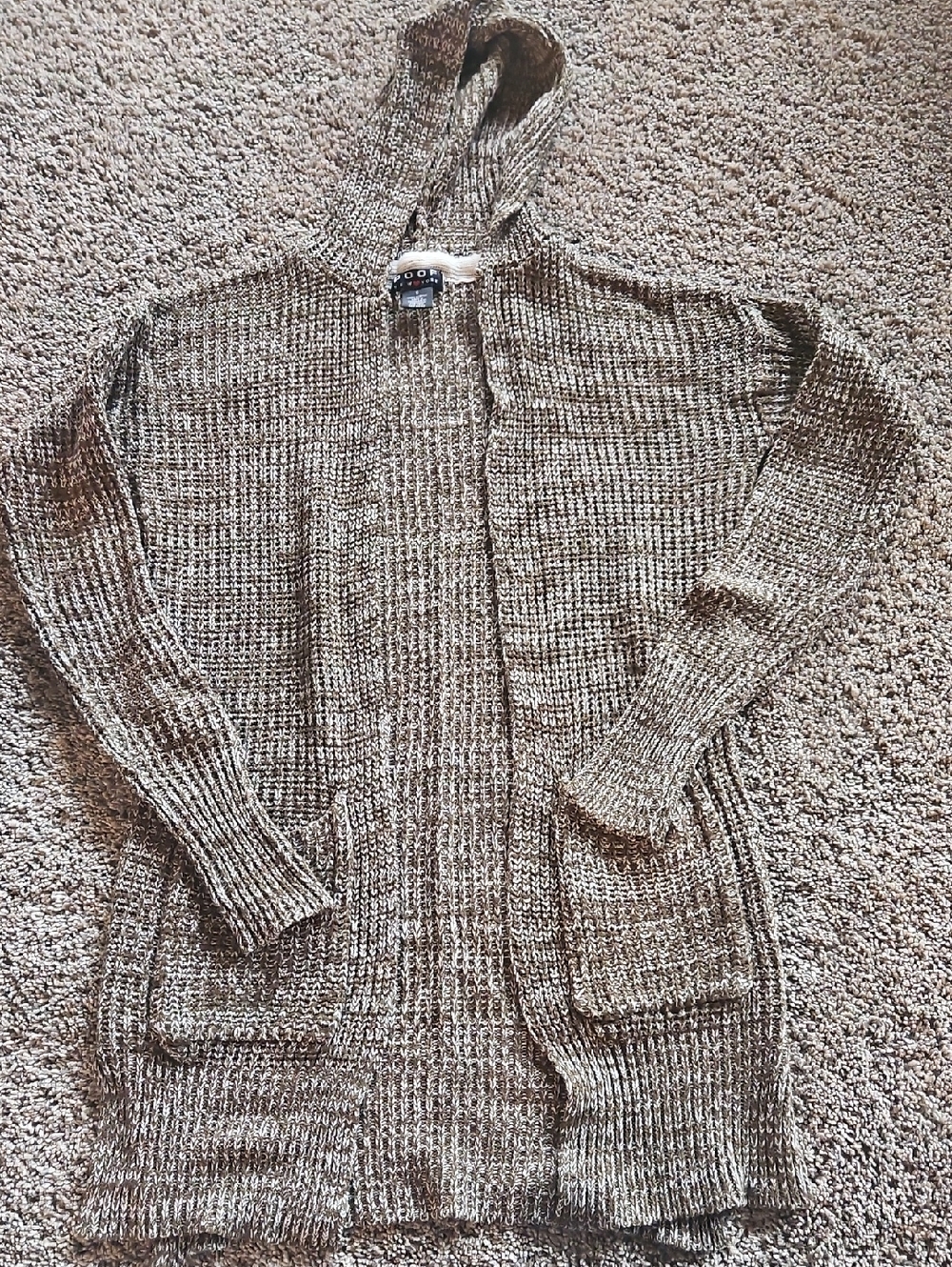 Hooded Open-Front Knit Cardigan in Taupe Marled